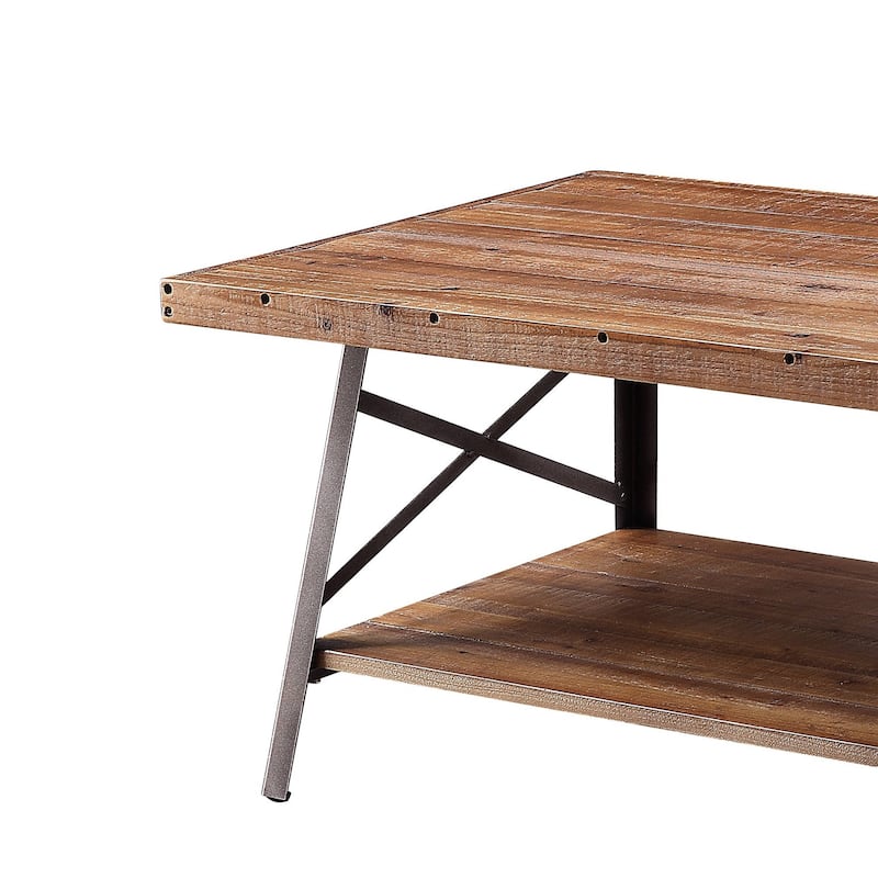 Wooden Coffee Table with X Crossed Metal Sides and Open Shelf, Brown and Black