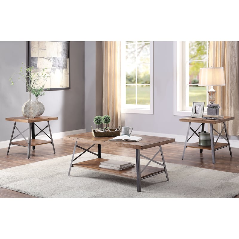 Wooden Coffee Table with X Crossed Metal Sides and Open Shelf, Brown and Black