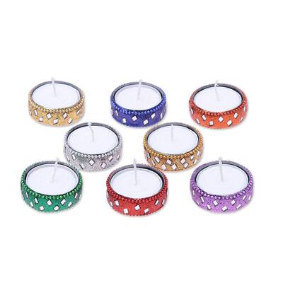 NOVICA Handmade Aluminum and glass tea lights Glamour Aglow set of 8 (India) - Multi - 0.8*1.8