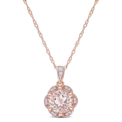 Miadora 14k Rose Gold Morganite and Diamond Accent Flower Halo Drop Necklace