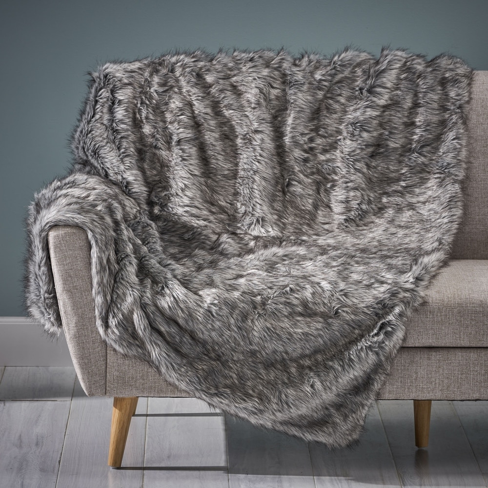 Akers Glam Faux Fur Throw Blanket by Christopher Knight Home - Gray and White