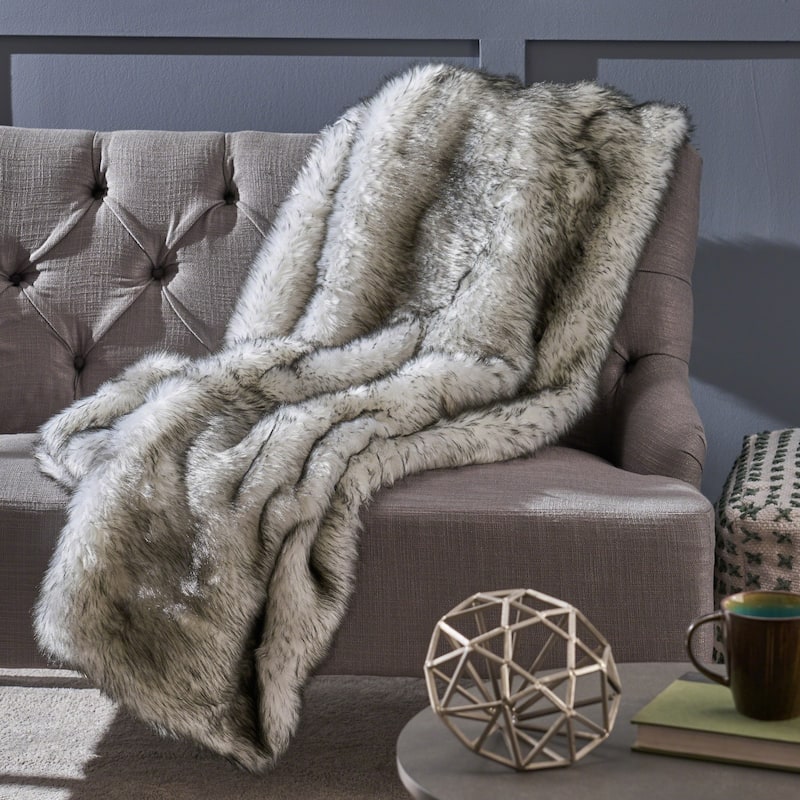 Warrin Streak Faux Fur Throw Blanket by Christopher Knight Home - White with grey streaks