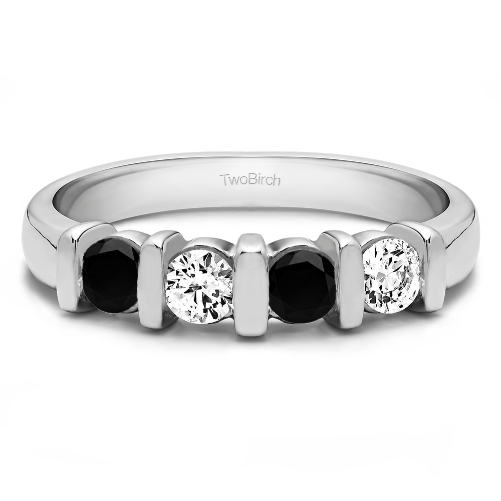 Sterling Silver Four Stone Bar Set Wedding Ring with Black and White Diamonds (G/H, I2)(0.5 Cts. twt)