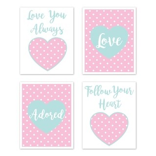Sweet Jojo Designs Pink and Turquoise Polka Dot Hearts Sklyar Collection Wall Decor Art Prints (Set of 4) - Love Adored