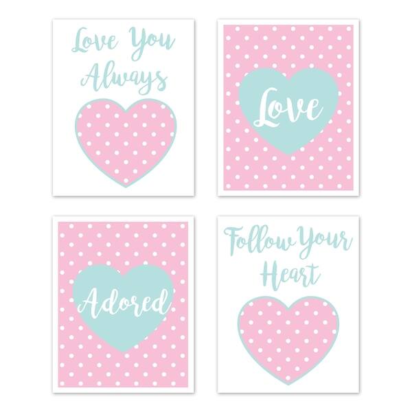 slide 2 of 2, Sweet Jojo Designs Pink and Turquoise Polka Dot Hearts Sklyar Collection Wall Decor Art Prints (Set of 4) - Love Adored