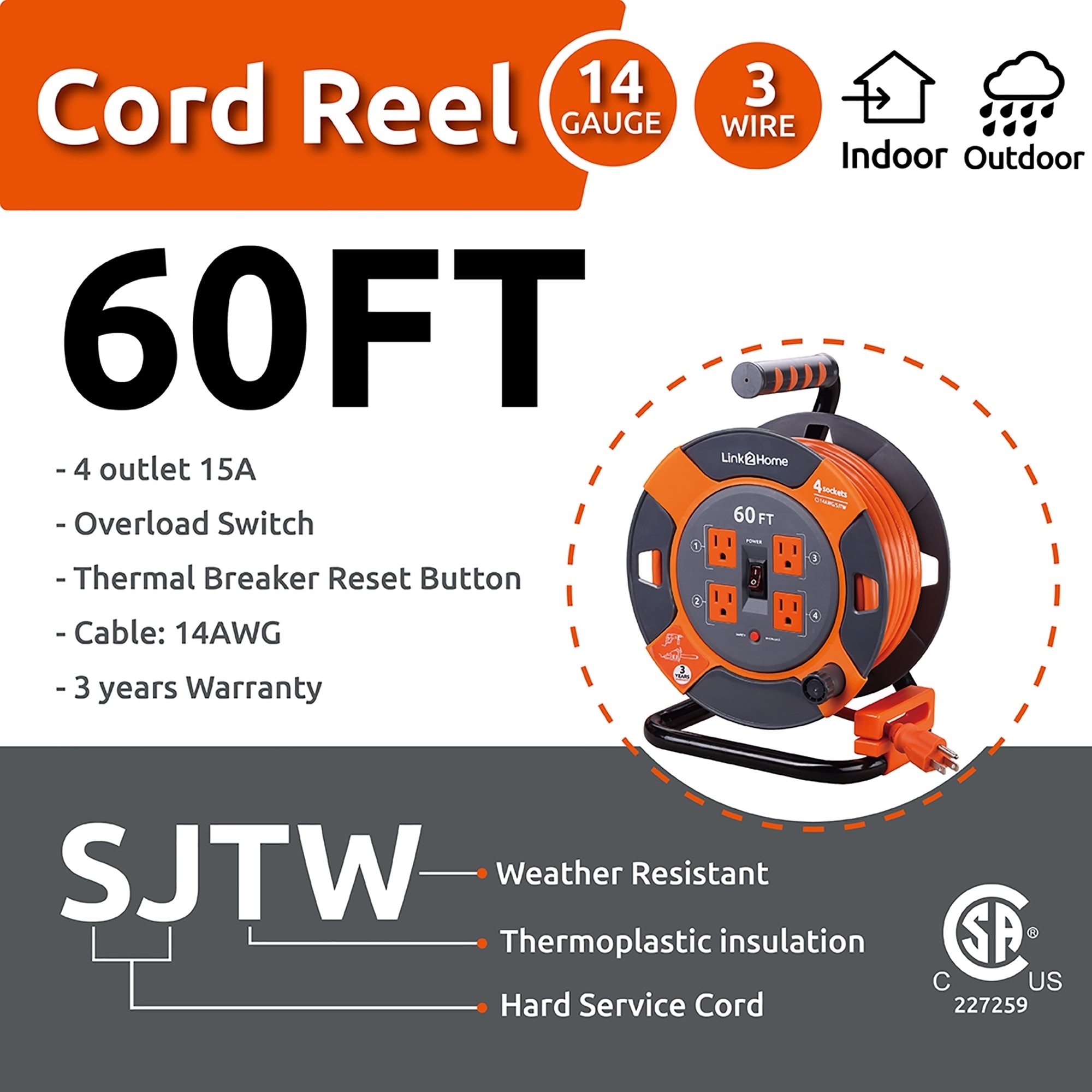 Link2Home Cord Reel 60 ft. Extension Cord 4 Power Outlets - 14 AWG SJTW  Cable. Heavy Duty High Visibility Power Cord.