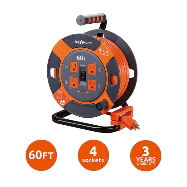 Link2Home Contractor Grade Retractable Extension Cord Reel 50 Ft. With 4  Outlets & 12AWG Heavy Duty/High Visibility 3-Prong SJTW Cord