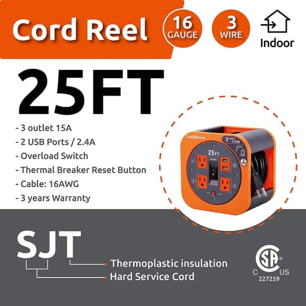 Link2Home Cord Reel 25 ft. Extension Cord 3 Power Outlets, 2 USB Ports,  2.4A Fast Charge - 16 AWG SJT Cable. - Bed Bath & Beyond - 27889305