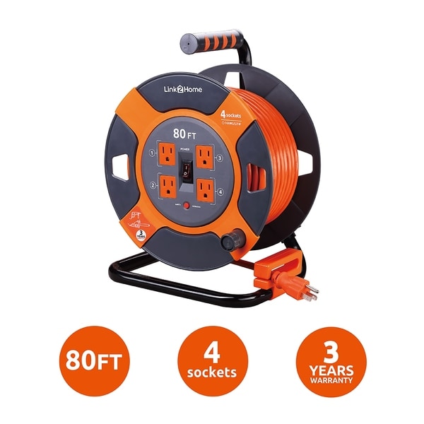 Link2Home Cord Reel 80 ft. Extension Cord 4 Power Outlets - 14 AWG SJTW Cable. Heavy Duty High Visibility Power Cord.