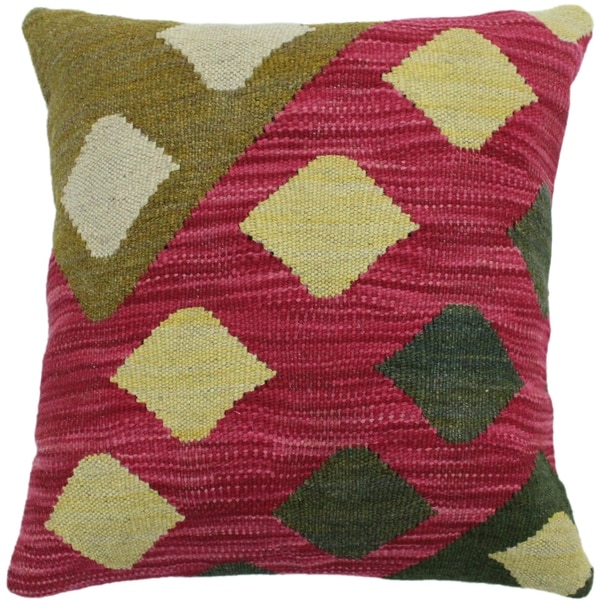 Houser Pink/Olive Green Hand-Woven Kilim Throw Pillow -18"x18"