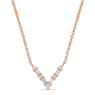 Miadora 14k Rose Gold 1/6ct TDW Parallel Baguette and Round-Cut Diamond V-Shape Bar Necklace