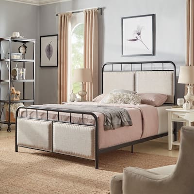 Bridgette Beige Upholstered Black Metal Queen Bed by iNSPIRE Q Classic