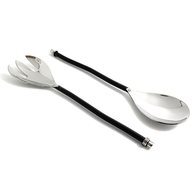 Vibhsa Twisted Black Handle Salad Serving Set, Silver Finish, Set of 2