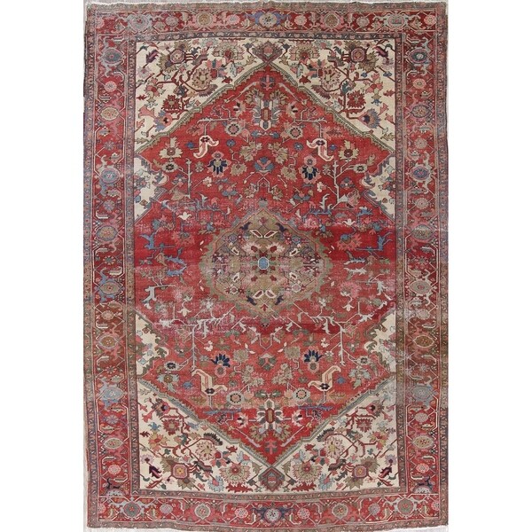 Antique Heriz Serapi Geometric Handmade Wool Persian Oriental Area Rug - 10'11" x 7'7"