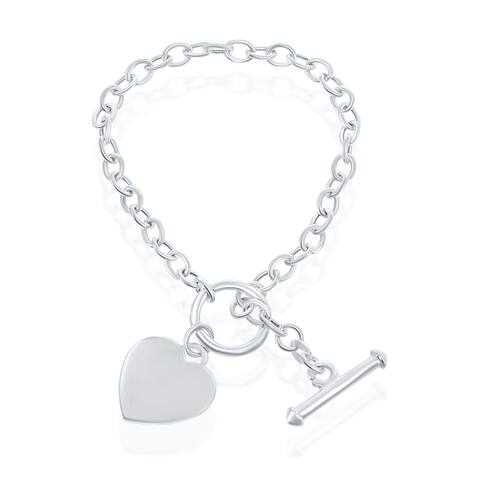 La Preciosa Sterling Silver Italian 7.5" Engravable Heart Charm Toggle Bracelet