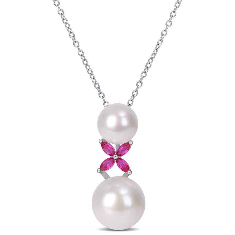 Miadora Sterling Silver Cultured FW Pearl and Created Ruby 'XO' Drop Necklace (8-12 MM)