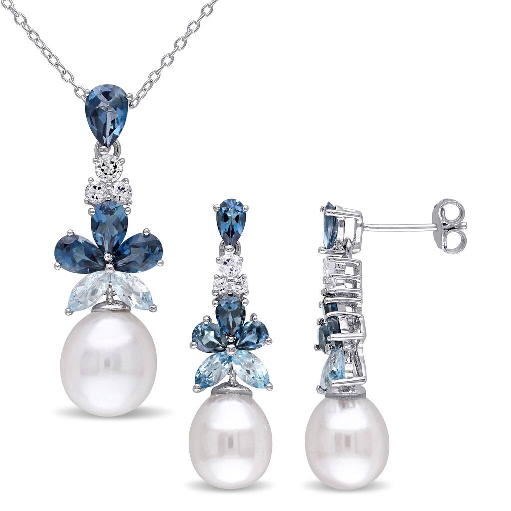 Miadora Sterling Silver Cultured FW Pearl Blue and White Topaz Jewelry Drop Set (8-10 MM)