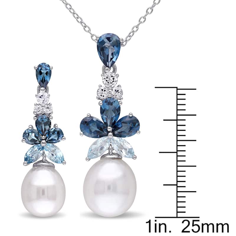 Miadora Sterling Silver Cultured FW Pearl Blue and White Topaz Jewelry Drop Set (8-10 MM)