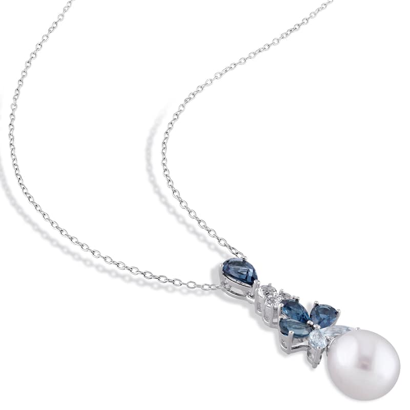 Miadora Sterling Silver Cultured FW Pearl Blue and White Topaz Jewelry Drop Set (8-10 MM)