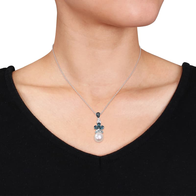 Miadora Sterling Silver Cultured FW Pearl Blue and White Topaz Jewelry Drop Set (8-10 MM)