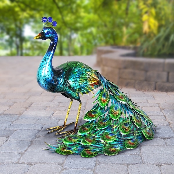 Colorful Metallic Peacock Metal Statue Jewel Accents Lawn Garden