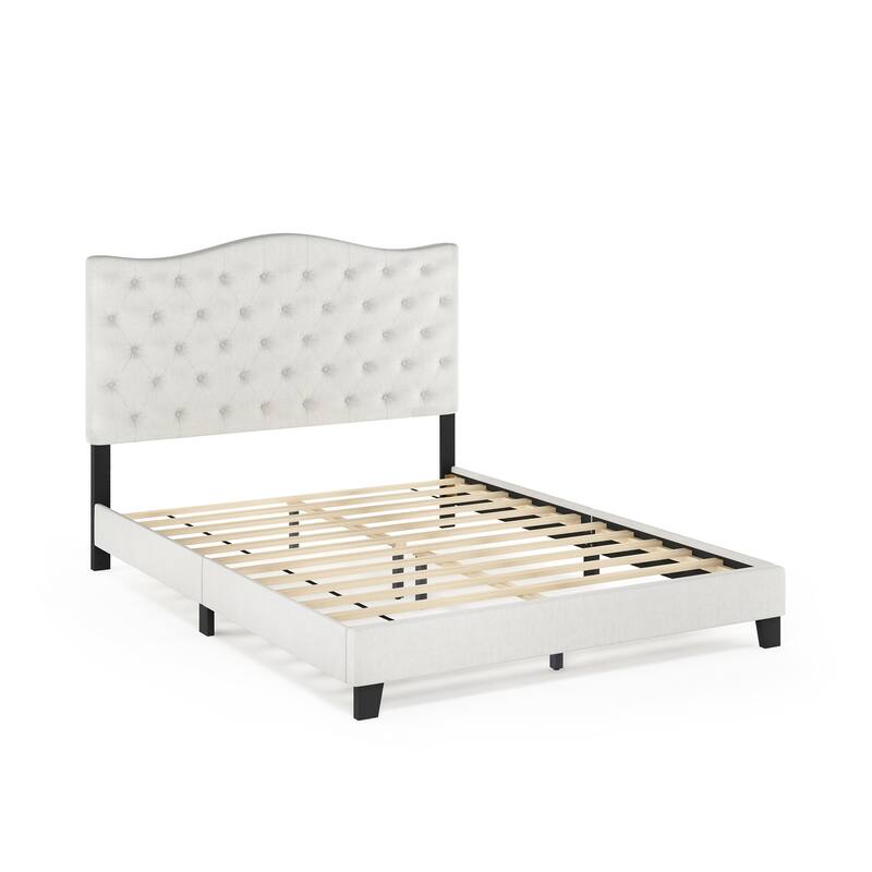 Furinno Lille Button Tufted Bed Frame, Linen - Queen