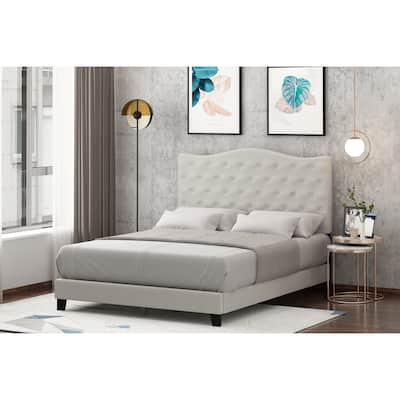 Furinno Lille Button Tufted Bed Frame, Linen