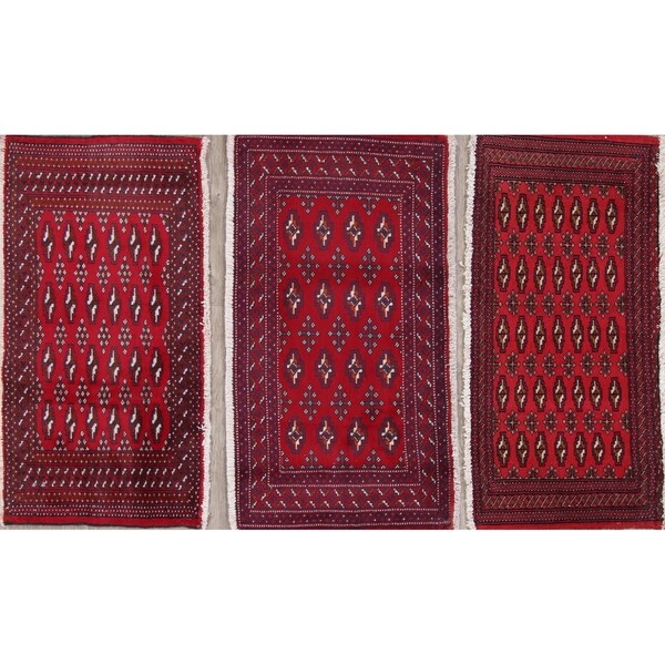 Set of 3 Bokhara Geometric Hand-Knotted Wool Persian Oriental Area Rug - 1'10" x 3'5"