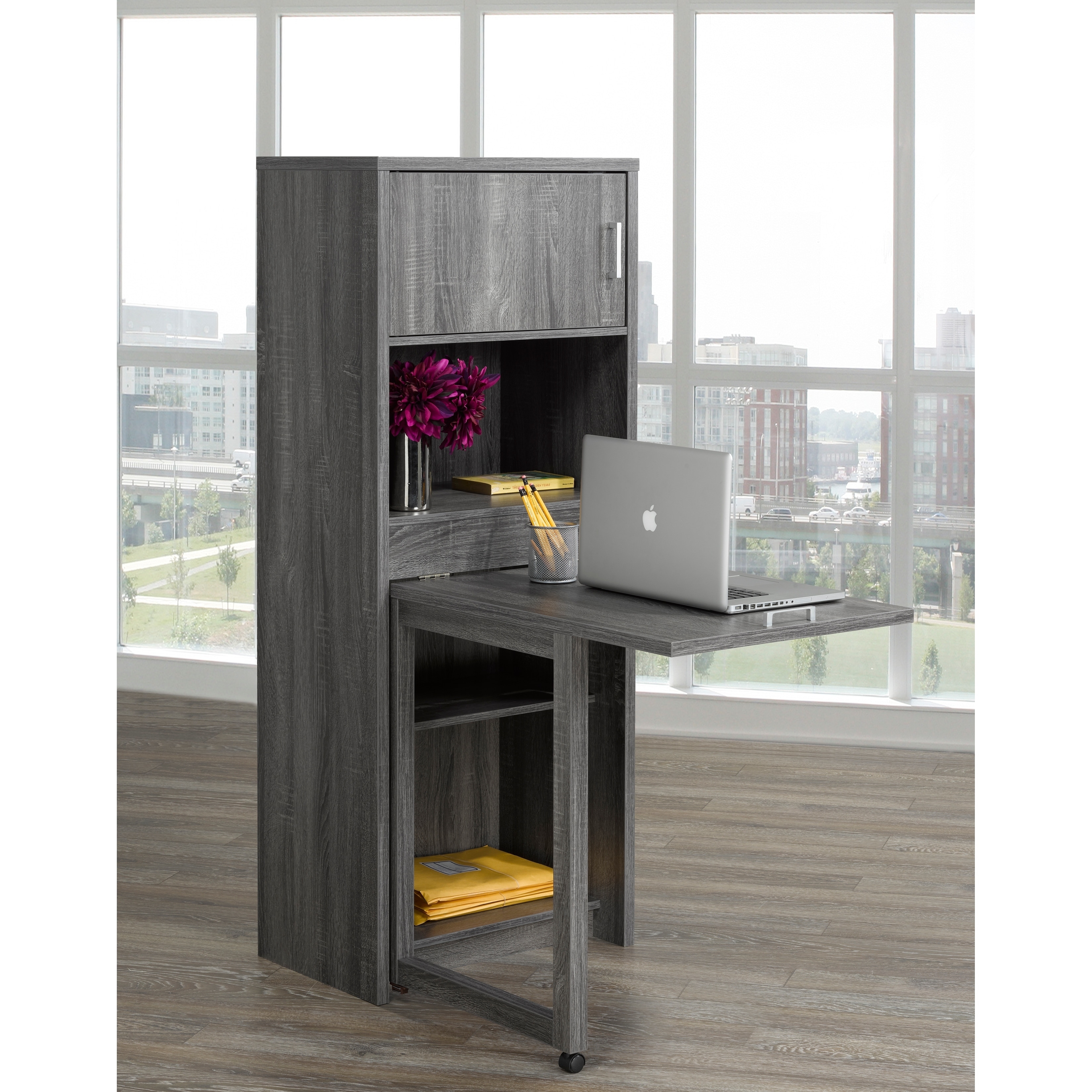 Shop Multi Tier Bookcase With Fold Down Desk Grey Overstock