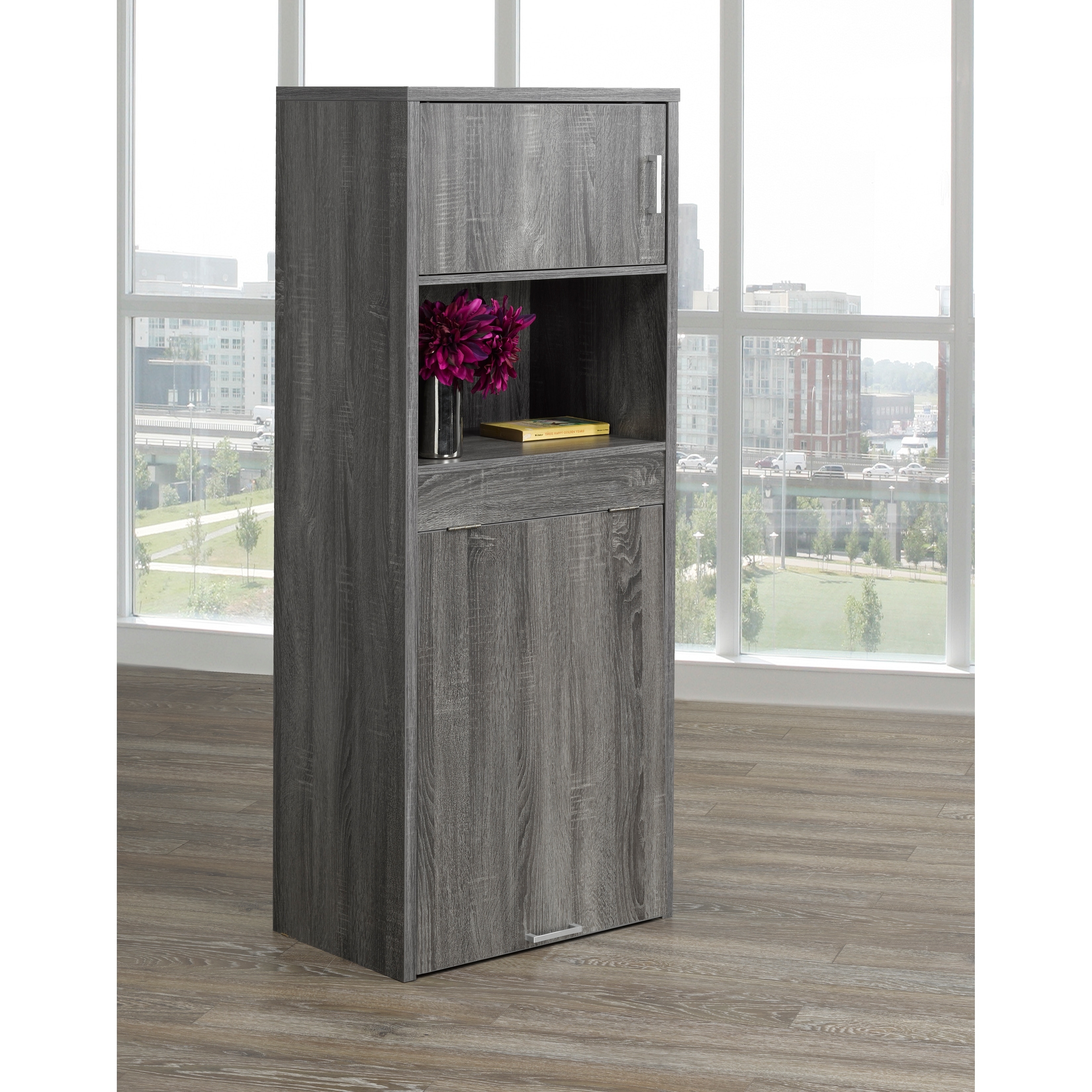 Shop Multi Tier Bookcase With Fold Down Desk Grey Free Shipping