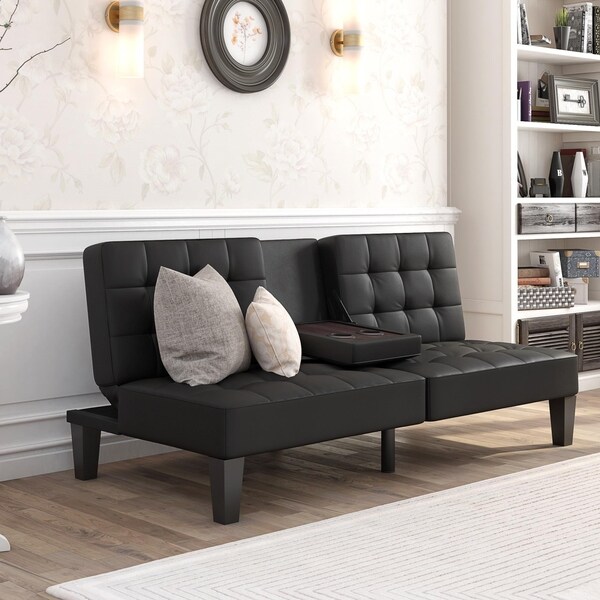 Avenue Greene Julian Black Faux Leather Convertible Futon with Cup