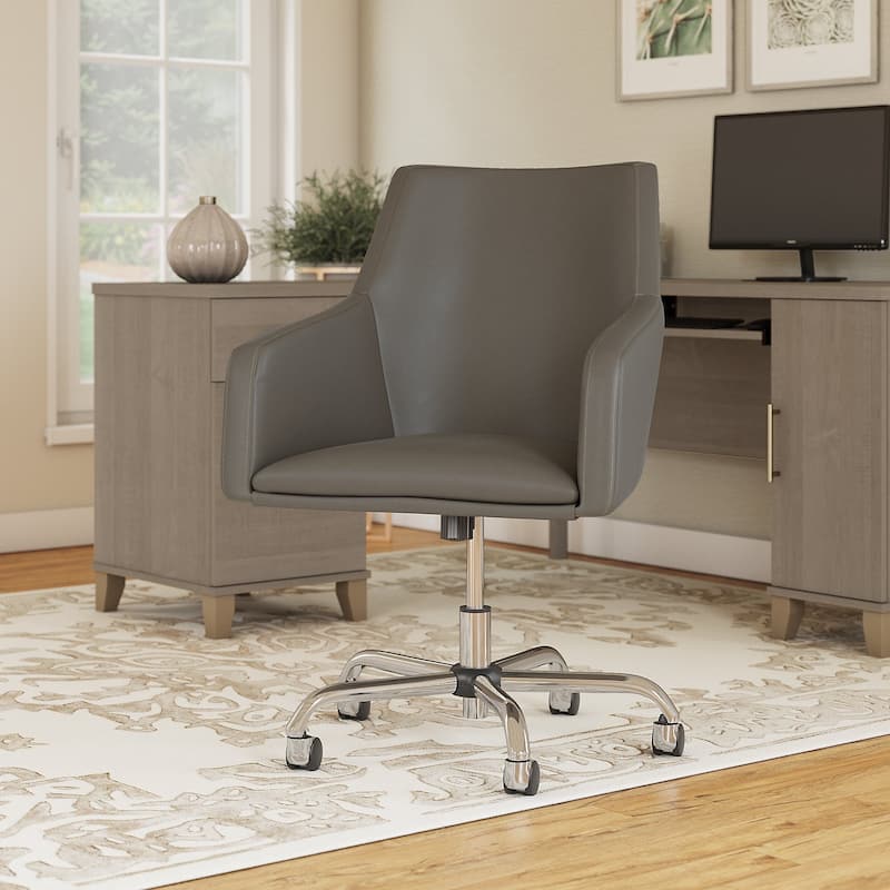 Bush Business Furniture London Mid Back Leather Box Chair in Black - 24.41"L x 24.80"W x 34.45"H - Silver
