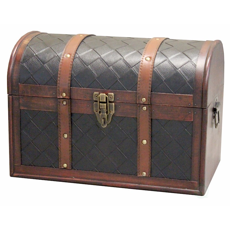 Wooden Leather Round Top Treasure Chest - Brown - Brown