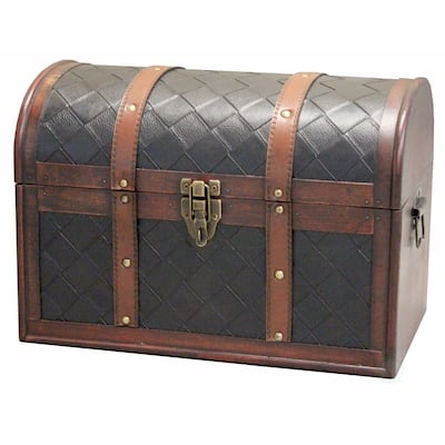 Wooden Leather Round Top Treasure Chest - Brown