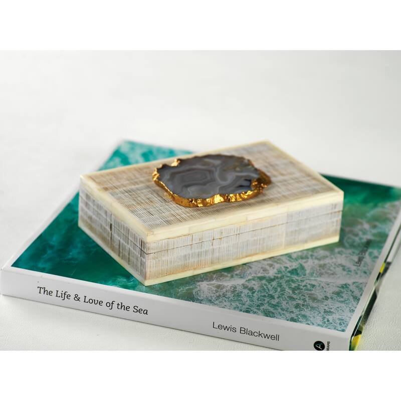 Chiseled Mango Wood & Bone Decorative Box with Agate Stone