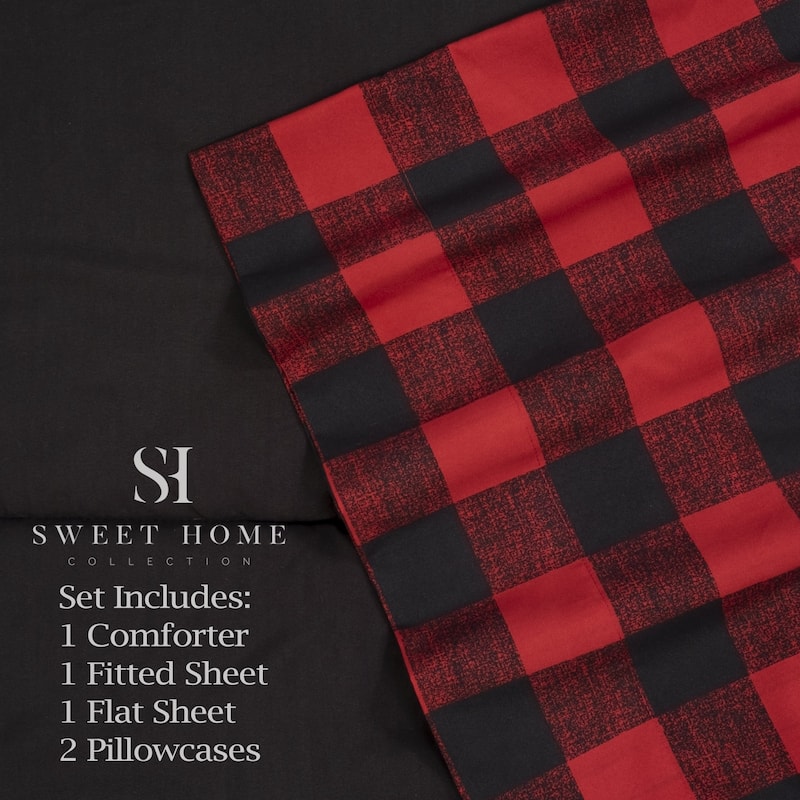 Burgundy Black Buffalo Check Sheet and Solid Black Comforter set Full