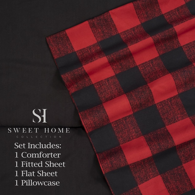 Burgundy Black Buffalo Check Sheet and Solid Black Comforter set Full