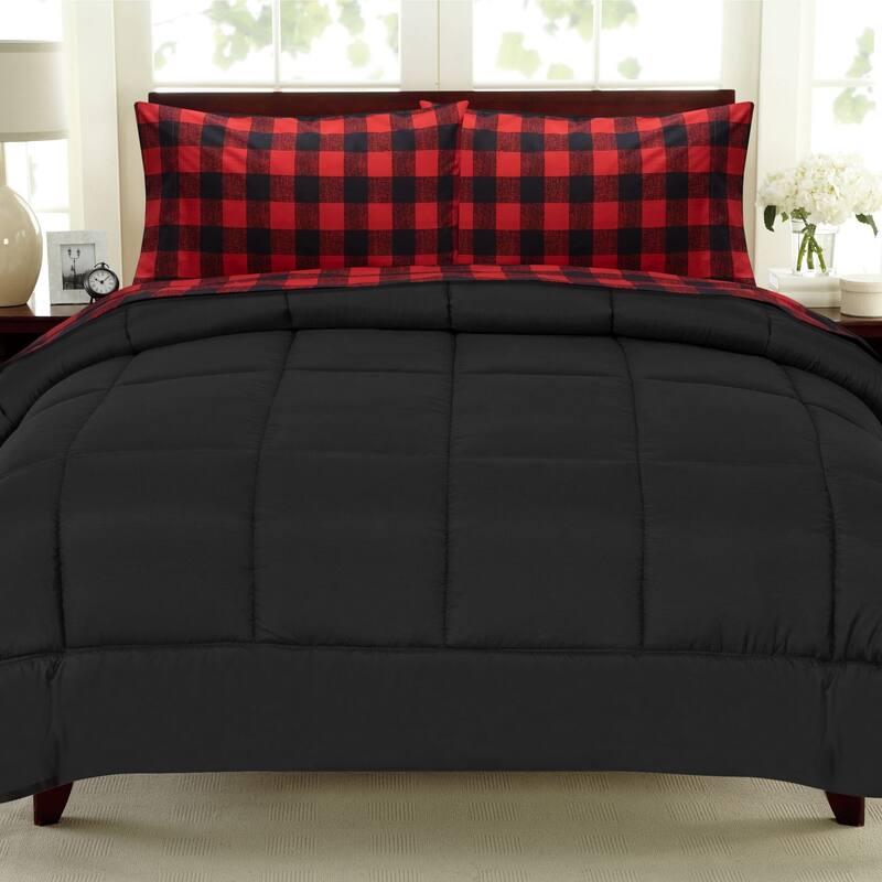 Burgundy Black Buffalo Check Sheet and Solid Black Comforter set Full