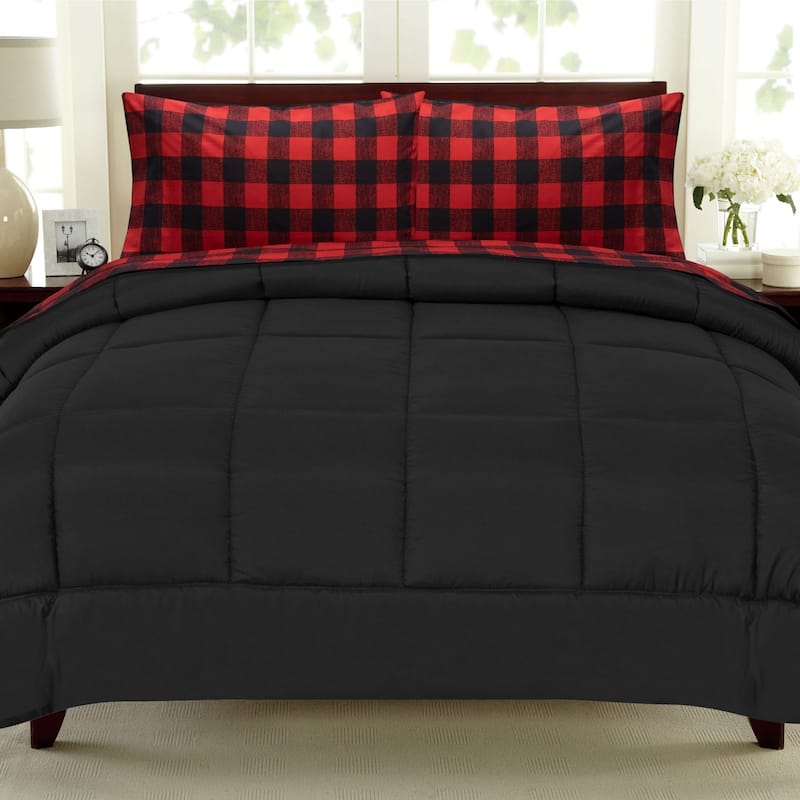 Burgundy Black Buffalo Check Sheet and Solid Black Comforter set Full