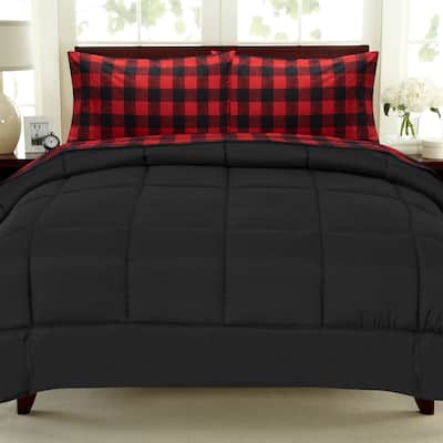 Burgundy Black Buffalo Check Sheet and Solid Black Comforter set Full