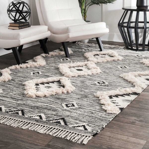 nuLOOM Gray Southwestern Flatweave Hand-woven Wool Ikat Tassel Area Rug - 9' 6" x 13' 6"