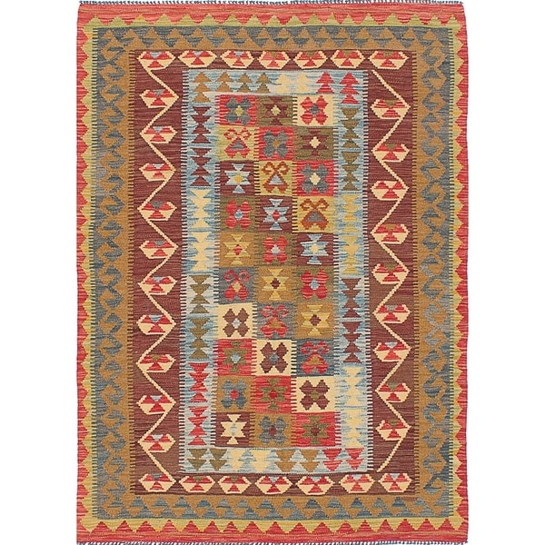 eCarpetGallery Flat-weave Hereke FW Dark Burgundy, Light Brown Wool Kilim - 4'10 x 6'9