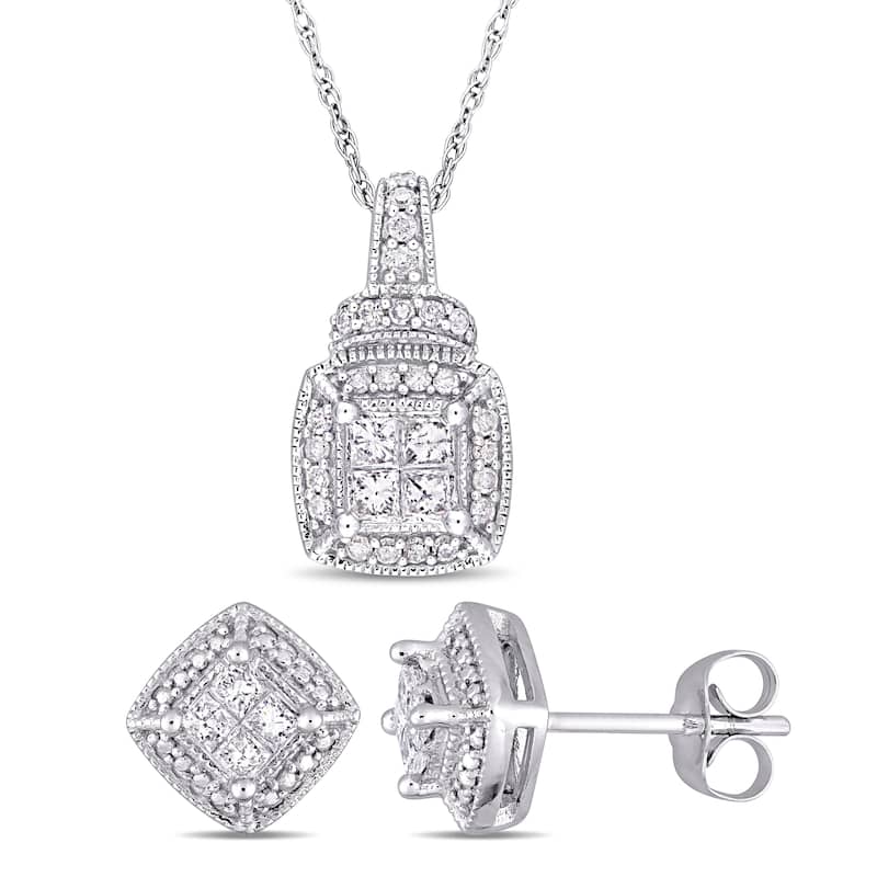 Miadora 10k White Gold 5/8ct TDW Diamond Quad Halo Jewelry Set