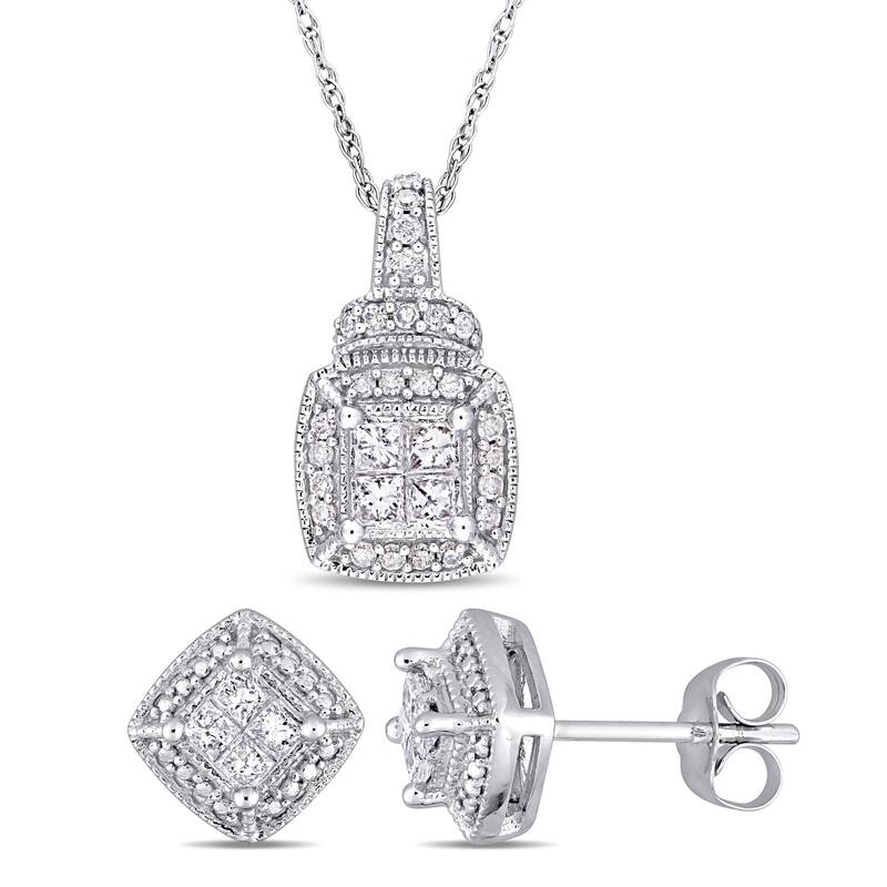 Miadora 10k White Gold 5/8ct TDW Diamond Quad Halo Jewelry Set