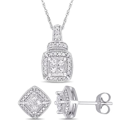 Miadora 10k White Gold 5/8ct TDW Diamond Quad Halo Jewelry Set
