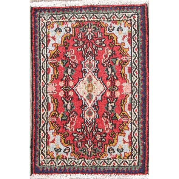Vintage Hamedan Geometric Hand-Knotted Wool Persian Oriental Area Rug - 2'6" x 1'9"