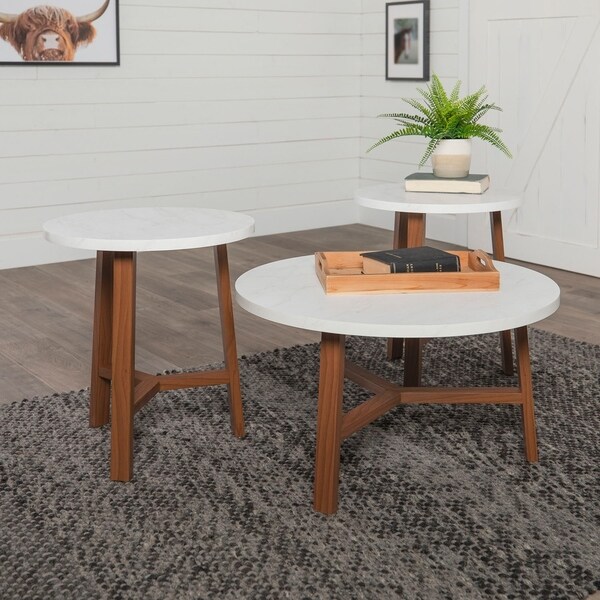 3 Piece Mid Century Modern Accent Table Set Faux White Marble Acorn