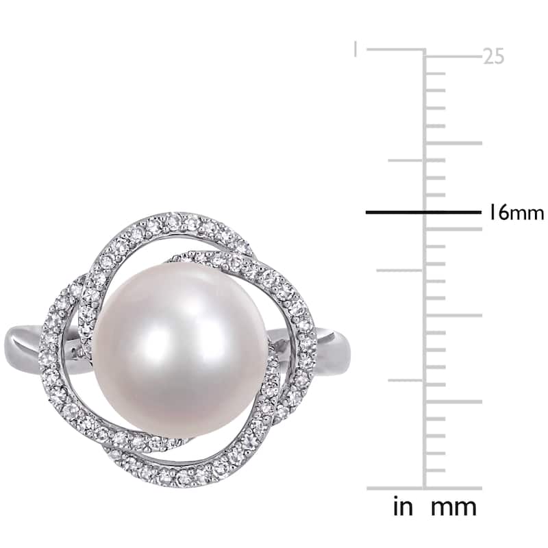 Miadora 14k White Gold Cultured FW Pearl and 1/4ct TDW Diamond Crossover Halo Ring (10-11 MM)