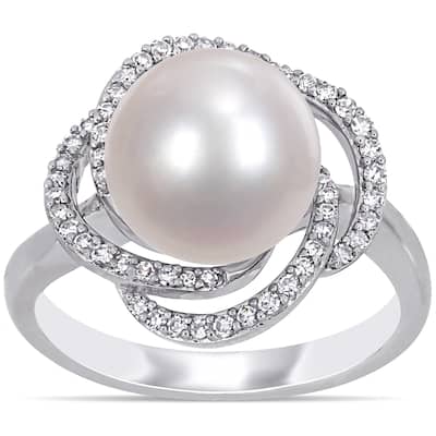 Miadora 14k White Gold Cultured FW Pearl and 1/4ct TDW Diamond Crossover Halo Ring (10-11 MM)