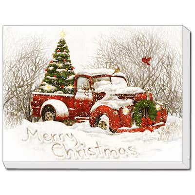 "Vintage Christmas Tree Truck" LED Lighted Canvas by Trendy Décor 4U, Ready to Hang, Printed Art - Multi - 20 x 16